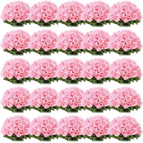 Riceshoot 500 Pcs Artificial Silk Roses Flowers with Long Stem Bridal Wedding Valentine's Day Bouquet Realistic Floral Bulks for Garden Home Party Gifts Favor Decoration(Pink)