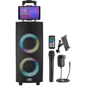 Pyle Portable Bluetooth PA Speaker System - 700W Dual 8" Rechargeable Speaker, TWS, Party Light, LED Display, FM/AUX/MP3/USB/SD, Wheels, Wireless Mic, Remote Control, Tablet Holder Included