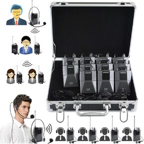 EXMAX EX-938 Wireless Headset Microphone Tour Guide System Interpreter Transmitter Translator in Your Ear for Church Translation Simultaneous Interpretation (1 Transmitter 10 Receivers & Storage Case)