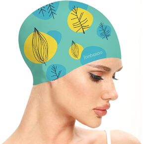 Silicone Swim Cap for Women, Waterproof Swimming Caps with LeafPrinted