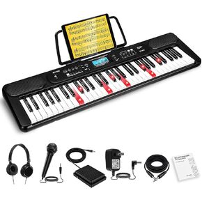 61 Key Piano Keyboard, Beginners Electric Keyboard Set, Lighted Full Size Keys, LCD, Headphones, Music Sheet Stand, Microphone, Built-In Speakers, 3 Teaching Modes for Kids Teenagers