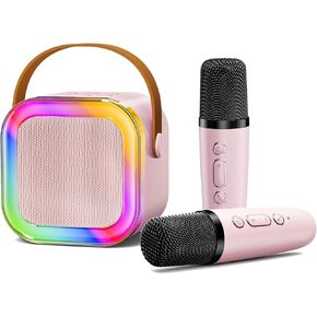Karaoke Machine for Kids Adults, Portable Bluetooth Karaoke Speaker with 2 Wireless Microphones & Colorful Lights, Mini Karaoke Machine for Girls Boys Birthday Children's Day (Pink)