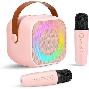 Mini Karaoke Party Machine Portable Bluetooth Speaker with 2 Mic, Colorful Lights and Magic Voice for Kids Teens