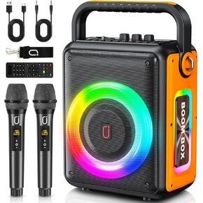 Karaoke Machine for Adults and Kids, Portable Outdoor Bluetooth Speaker with 2 Wireless Microphones Supports DJ Lights, TWS, Bass/Treble for Party