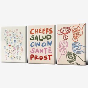 Dopamine Wall Art Set of 3 Funky Wine Poster Colorful Cheers Salud Prints Decor Eclectic Drinks Canvas Maximalist Food Cocktail Oil Painting for Retro Dinner Table Bar Cart Decor 12x16inch Unframed