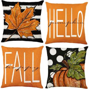 4pcs Fall Pillow Covers 18 x 18 Inch Autumn Pumpkin Maple Leaves Harvest Throw Pillow Covers Cases for Thanksgiving Couch Cushion Sofa Outdoor Indoor Home House Decor