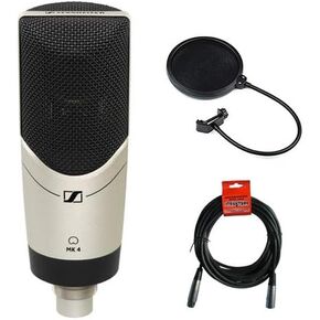Sennheiser MK 4 Studio Condenser Microphone with Clamp On Microphone Pop Filter with 10" Arm and USB 2.0 Type A Male to Type A Female Extension Cable 3'