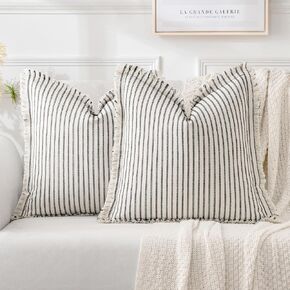 MIULEE Pack of 2 Rust Fall Pillow Covers 18x18 Inch Striped Farmhouse Couch Throw Pillow Covers with Fringe Chic Linen Decorative Cushion Covers for Sofa Living Room Bed Home Decor