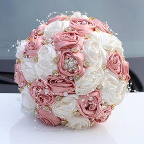 Blush Pink and Ivory Bridal Wedding Bouquet with Gold Brooch Bling Rhinestone Bouquet for Bride Bridesmaid Quinceanera Satin Dusty Rose Flower Bouquet Wedding Blush Pink and Ivory 8.7in