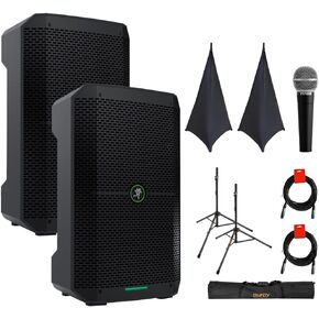 Mackie Thump Go 8" Portable Bluetooth Battery-Powered Loudspeaker (Pair) Bundle with 2X On-Stage SSA100 Speaker Stand Skirt, Auray SS-47S-PB Steel Speaker Stands and Case, Mic and 2X XLR-XLR Cable