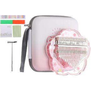 MECCANIXITY 21 Keys Thumb Piano,Transparent Pink Flower Portable Finger Piano with Carry Box Musical Note Stickers Tuning Hammer Cleaning Cloth Gifts