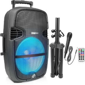 Pyle Portable Bluetooth PA Speaker System - 1000W Outdoor Speaker with 15" Subwoofer, USB/SD Reader, FM Radio, LED Lights, Wheels, Remote Control, Tripod, & Microphone Input
