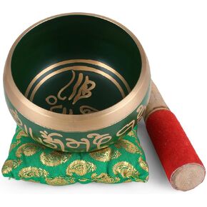 Tibetan Singing Bowl - 4 inch, Green Singing Bowl Set with Beater and Singing Bowl Cushion for Meditation and Yoga