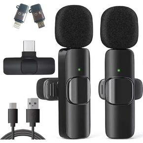 Mibia 2pcs Lavalier Wireless Microphone for iPhone, iPad, Android, Camera, USB-C, Lightening, Micro, Professional Noise Cancelling Mic, Cordless Clip on Lav Mic, Bluetooth Omnidirectional Recording