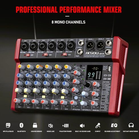 10-Channel Audio Mixer,DJ Mixer, Sound Board Console Mixer with 99 DSP Effect, Bluetooth Mixer Input 48V Phantom Power Stereo USB XLR Mixer For Karaoke Studio PC Recording in Saudi Arabia