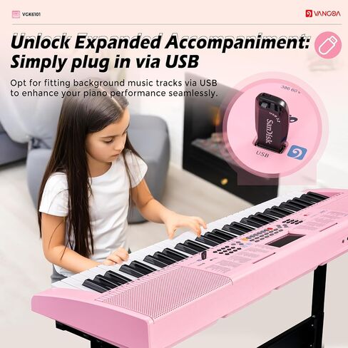 Vangoa VGK6101 Piano Keyboard, 61 Keys Portable Music Keyboard for Beginners Children Students with Microphone, 3 Teaching Modes, 600 Tones, 400 Rhythms, 50 Demos, Pink in Kuwait