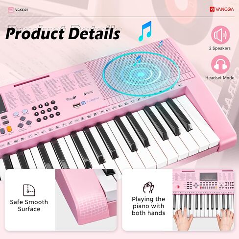 Vangoa VGK6101 Piano Keyboard, 61 Keys Portable Music Keyboard for Beginners Children Students with Microphone, 3 Teaching Modes, 600 Tones, 400 Rhythms, 50 Demos, Pink in Kuwait