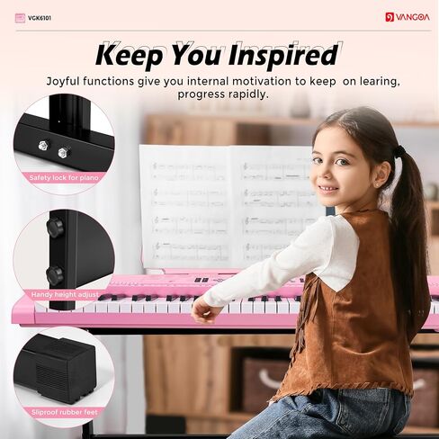 Vangoa VGK6101 Piano Keyboard, 61 Keys Portable Music Keyboard for Beginners Children Students with Microphone, 3 Teaching Modes, 600 Tones, 400 Rhythms, 50 Demos, Pink in Kuwait