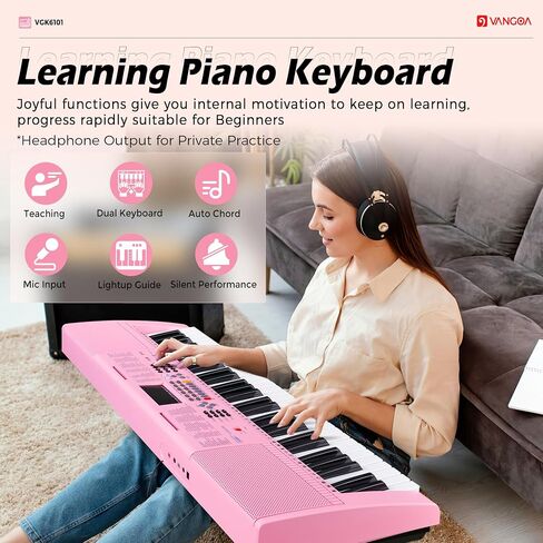 Vangoa VGK6101 Piano Keyboard, 61 Keys Portable Music Keyboard for Beginners Children Students with Microphone, 3 Teaching Modes, 600 Tones, 400 Rhythms, 50 Demos, Pink in Kuwait