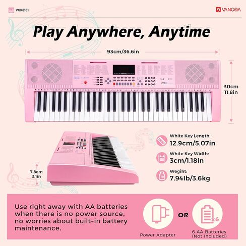 Vangoa VGK6101 Piano Keyboard, 61 Keys Portable Music Keyboard for Beginners Children Students with Microphone, 3 Teaching Modes, 600 Tones, 400 Rhythms, 50 Demos, Pink in Kuwait