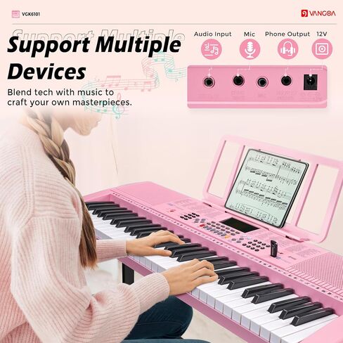 Vangoa VGK6101 Piano Keyboard, 61 Keys Portable Music Keyboard for Beginners Children Students with Microphone, 3 Teaching Modes, 600 Tones, 400 Rhythms, 50 Demos, Pink in Kuwait