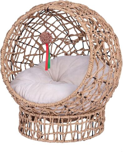 Handwoven Cat Bed Cave, Rattan Cat Beds for Indoor Cats Washable, Elevated Cat Bed with Soft Cushion and Stand, Cat Egg Chair Shape, Natural Color in Saudi Arabia