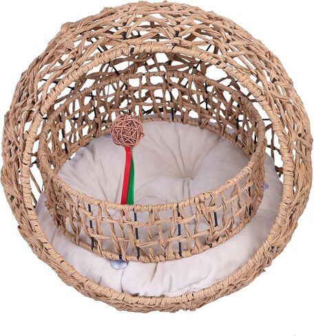 Handwoven Cat Bed Cave, Rattan Cat Beds for Indoor Cats Washable, Elevated Cat Bed with Soft Cushion and Stand, Cat Egg Chair Shape, Natural Color in Saudi Arabia