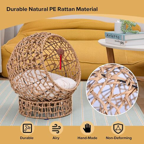 Handwoven Cat Bed Cave, Rattan Cat Beds for Indoor Cats Washable, Elevated Cat Bed with Soft Cushion and Stand, Cat Egg Chair Shape, Natural Color in Saudi Arabia