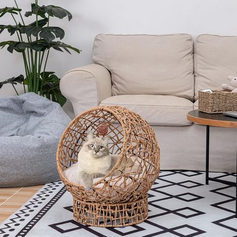 Handwoven Cat Bed Cave, Rattan Cat Beds for Indoor Cats Washable, Elevated Cat Bed with Soft Cushion and Stand, Cat Egg Chair Shape, Natural Color in Saudi Arabia