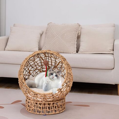Handwoven Cat Bed Cave, Rattan Cat Beds for Indoor Cats Washable, Elevated Cat Bed with Soft Cushion and Stand, Cat Egg Chair Shape, Natural Color in Saudi Arabia