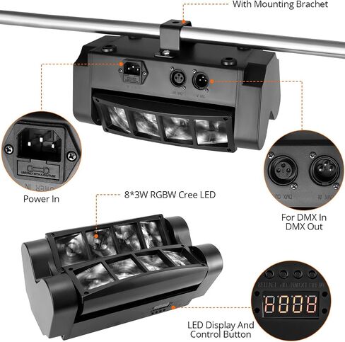 مصابيح DJ برأس متحرك QWORK Spider، 8 × 3 وات RGBW Beam Spider Stage Light، محور XY 540 درجة مع 4 أوضاع إضاءة، DMX512 المنشط بالصوت للديسكو والكاريوكي والحفلات والمسرح وأحداث DJ in Saudi Arabia