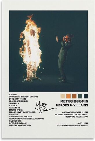 Metro Modern Music Boomin Art Heroes & Villains Album Signature Poster Wall Art Paintings Canvas Wall Decor Home Decor Living Room Decor Aesthetic Prints 12x18inch(30x45cm) Unframe-style in Saudi Arabia