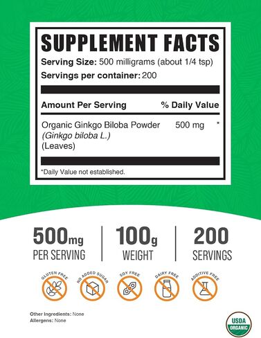 BulkSupplements.com مسحوق الجنكة بيلوبا العضوي - مكملات الجنكة بيلوبا، مسحوق أوراق الجنكة، الجنكة بيلوبا العضوية - من أوراق الجنكة بيلوبا، نباتي، 2000 مجم لكل وجبة، 1 كجم (2.2 رطل) in Saudi Arabia