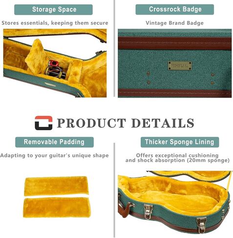 Crossrock Master Series-Wooden 335 Style 6-string Semi-Hollow Electric Guitar Case-Security Lock, Genuine Leather Handle, Reinforced Hardware, Storage Space-Malachite Blue Tweed(CRW720SAMB) in Saudi Arabia
