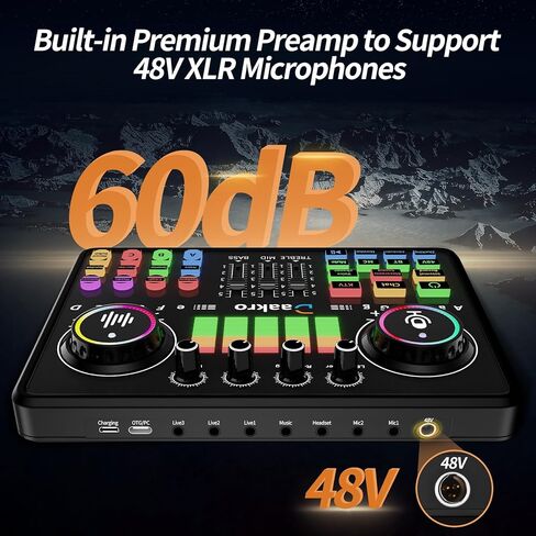 Streaming Audio Mixer,Audio Interface with Bluetooth, Mute Button,Individual Control,Volume Fader,Noise Cancellation, 48V Phantom Power for Recording, Streaming, Youtube, TikTok, PC (DJ20) in Kuwait