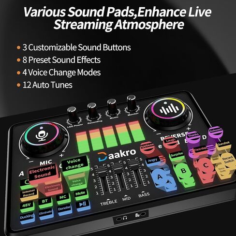 Streaming Audio Mixer,Audio Interface with Bluetooth, Mute Button,Individual Control,Volume Fader,Noise Cancellation, 48V Phantom Power for Recording, Streaming, Youtube, TikTok, PC (DJ20) in Kuwait