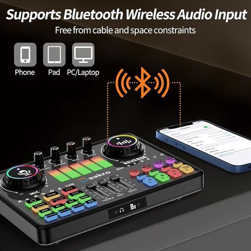 Streaming Audio Mixer,Audio Interface with Bluetooth, Mute Button,Individual Control,Volume Fader,Noise Cancellation, 48V Phantom Power for Recording, Streaming, Youtube, TikTok, PC (DJ20) in Kuwait