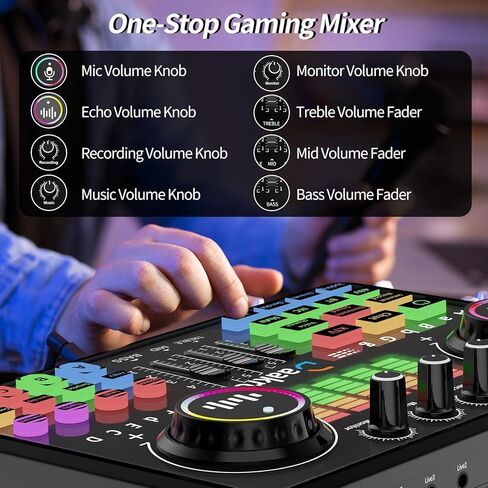 Streaming Audio Mixer,Audio Interface with Bluetooth, Mute Button,Individual Control,Volume Fader,Noise Cancellation, 48V Phantom Power for Recording, Streaming, Youtube, TikTok, PC (DJ20) in Kuwait