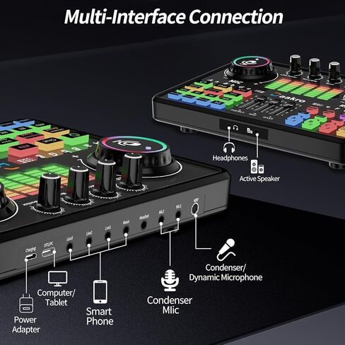 Streaming Audio Mixer,Audio Interface with Bluetooth, Mute Button,Individual Control,Volume Fader,Noise Cancellation, 48V Phantom Power for Recording, Streaming, Youtube, TikTok, PC (DJ20) in Kuwait