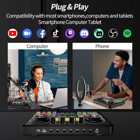 Streaming Audio Mixer,Audio Interface with Bluetooth, Mute Button,Individual Control,Volume Fader,Noise Cancellation, 48V Phantom Power for Recording, Streaming, Youtube, TikTok, PC (DJ20) in Kuwait