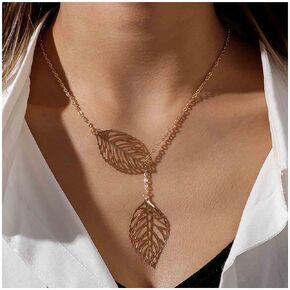 Bohemian Leaf Pendant Necklace Hollow Leaf Y Necklace Leaf Y Drop Choker Necklace Silver Leaf Y Lariat Necklace Choker Jewelry for Women and Girls