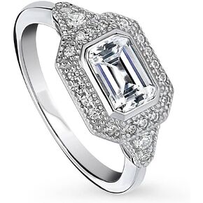 BERRICLE Sterling Silver Halo Wedding Engagement Rings Emerald Cut Cubic Zirconia CZ East-West Promise Ring for Women, Rhodium Plated Size 4-10