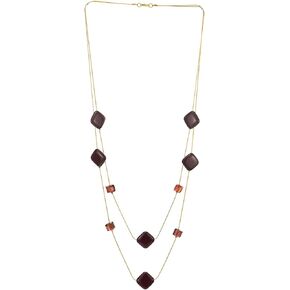 COOLSTEELANDBEYOND Fashion Brown Red Crystal Layered Necklace, Two-Strand Long Chains Gold Statement Necklace