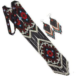 Long Beaded Necklace – Boho Native Handmade Seed Bead Tassel Necklace, Bohemian Large Statement Beaded Necklace for Women and Girls