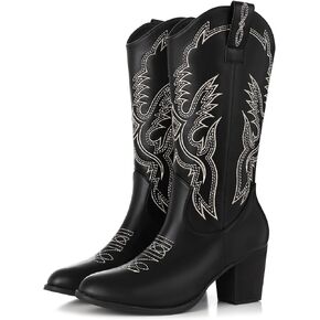 TEMOFON Western Cowboy Boots for Women: Embroidery Mid Calf Pointed Toe Cowgirl Boot for Ladies with Retro Chunky Heel and Side Zipper Country Fashion Shoes