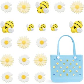 Accessories for Bogg Bag, Daisies and Bees Decoration for Bogg Bag Charms, Compatible with Women Rubber Beach Bag Tote Handbag, 19 Pcs