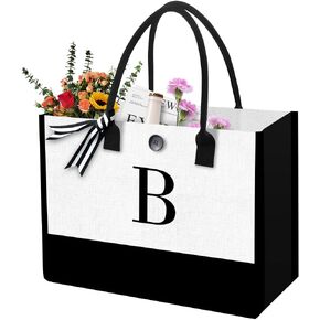 Canvas Beach Bag for Women, Large Personalized Initial Canvas Tote Bag with Zipper Pocket, Gifts for Friends, Bride,Bachelorette Party, Miss to Mrs(B)