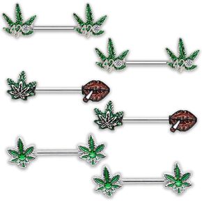 3 Pair Set: 1 pair of Silver ad Green 4/20 Symbol Pot Leaf Nipple Rings; 1 pair of Marijuana Weed Nipple rings; 1 pair of Lips Smoking Marijuana Leaf Nipple Rings