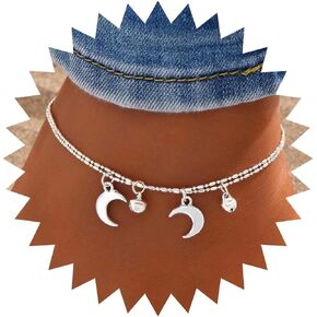Boho Half Moon Anklet Bracelet Tiny Bell Anklet Double Layer Silver Crescent Pendant Ankle Chain Tiny Bell Anklet Minimalist Hawaiian Beach Moon Foot Chain Jewelry for Women and Girls