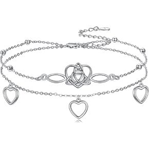 Infinity Heart/Celtic Heart/Evil Eye Bracelet Adjustable 925 Sterling Silver Infinity Love Heart Symbol Charm Anklet Bracelet for Women Doublelayer Beach Foot Chain Gift for Women Girls Mother's Day